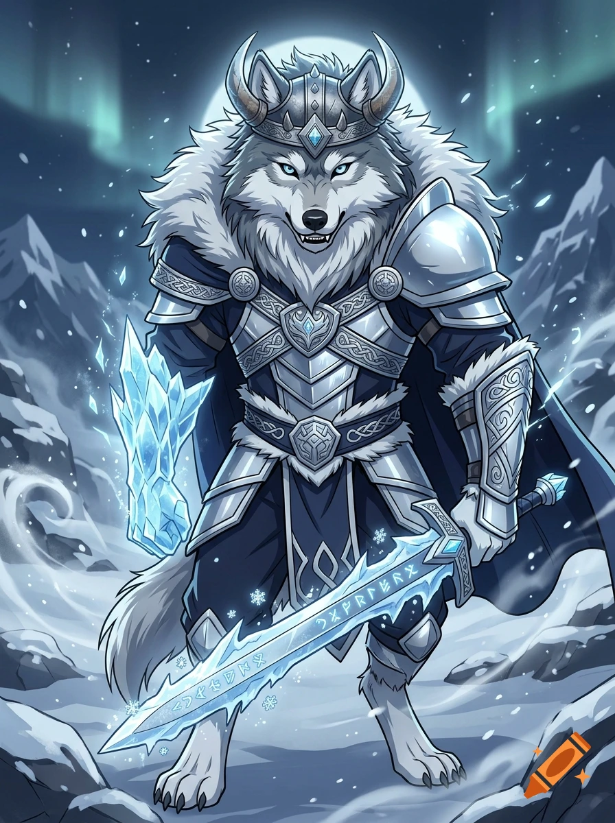 Anime style illustration of a gray and white wolf in royal Viking armor, holding an ice sword and glowing ice gauntlet.