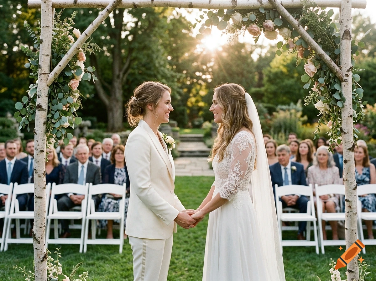 Two women smiling at each other during an outdoor wedding ceremony under a floral birch arch.