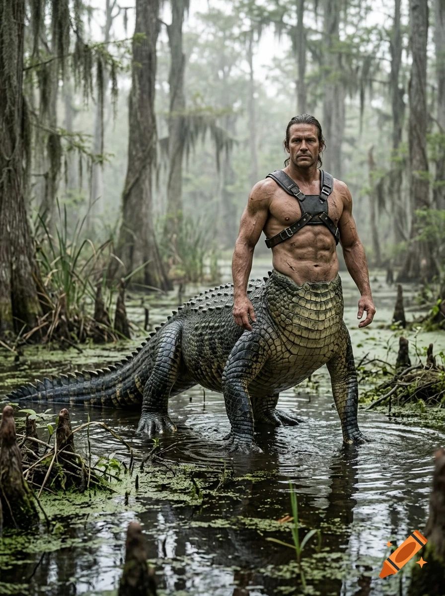 A fantasy creature with the upper body of a muscular man and the lower body of an alligator standing in a misty swamp.