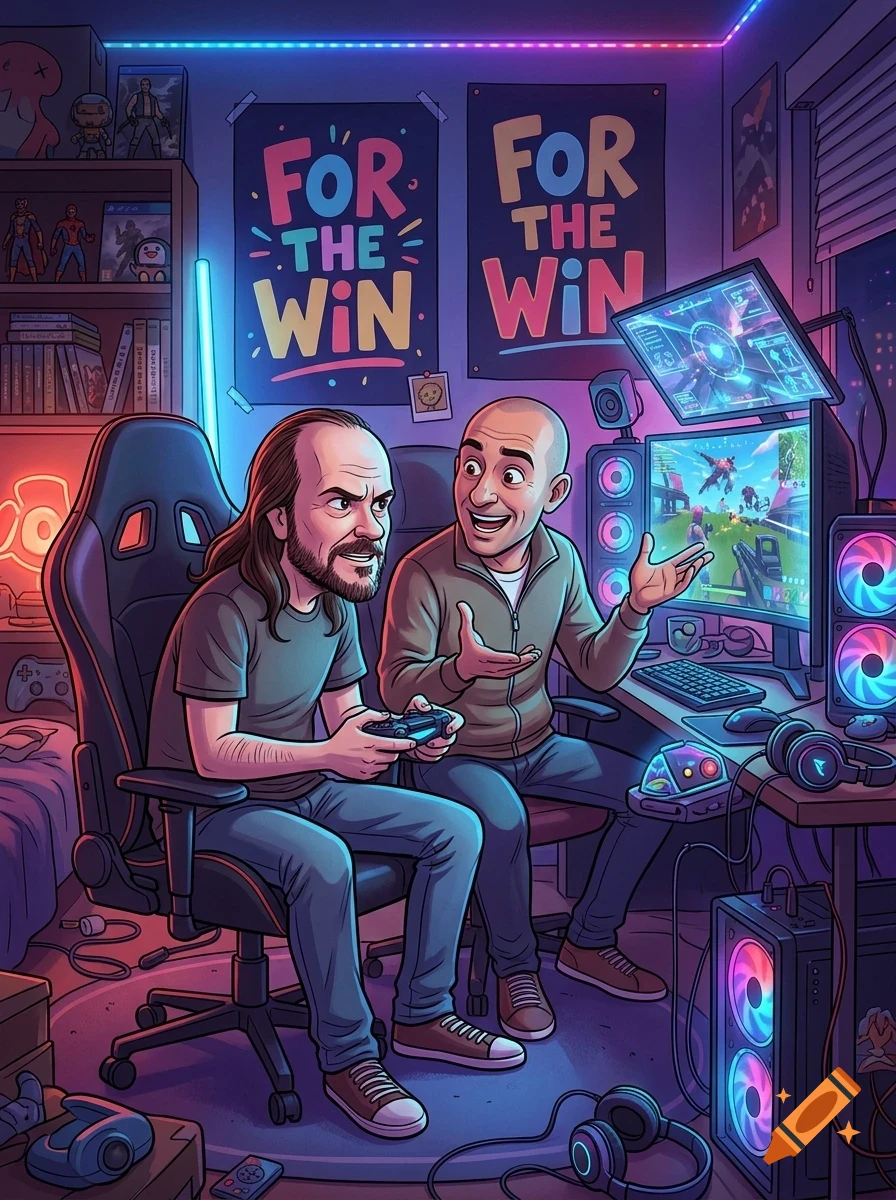Two men playing video games in a neon-lit room with multiple monitors, posters, and gaming equipment.