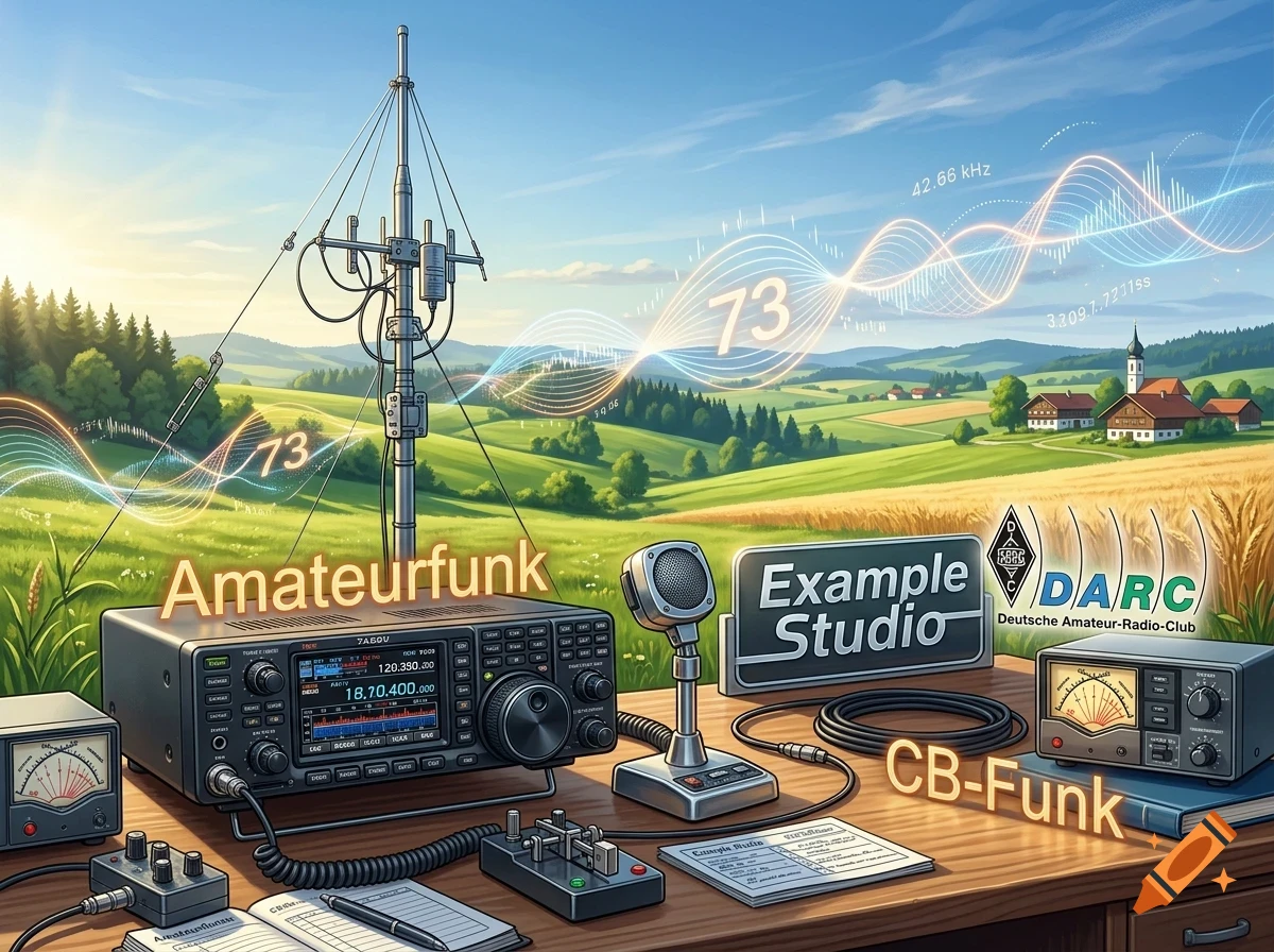 An amateur radio station set up outdoors on a wooden desk featuring a transceiver, microphone, telegraph key, and glowing radio wave graphics in front of a rural landscape with an antenna tower.