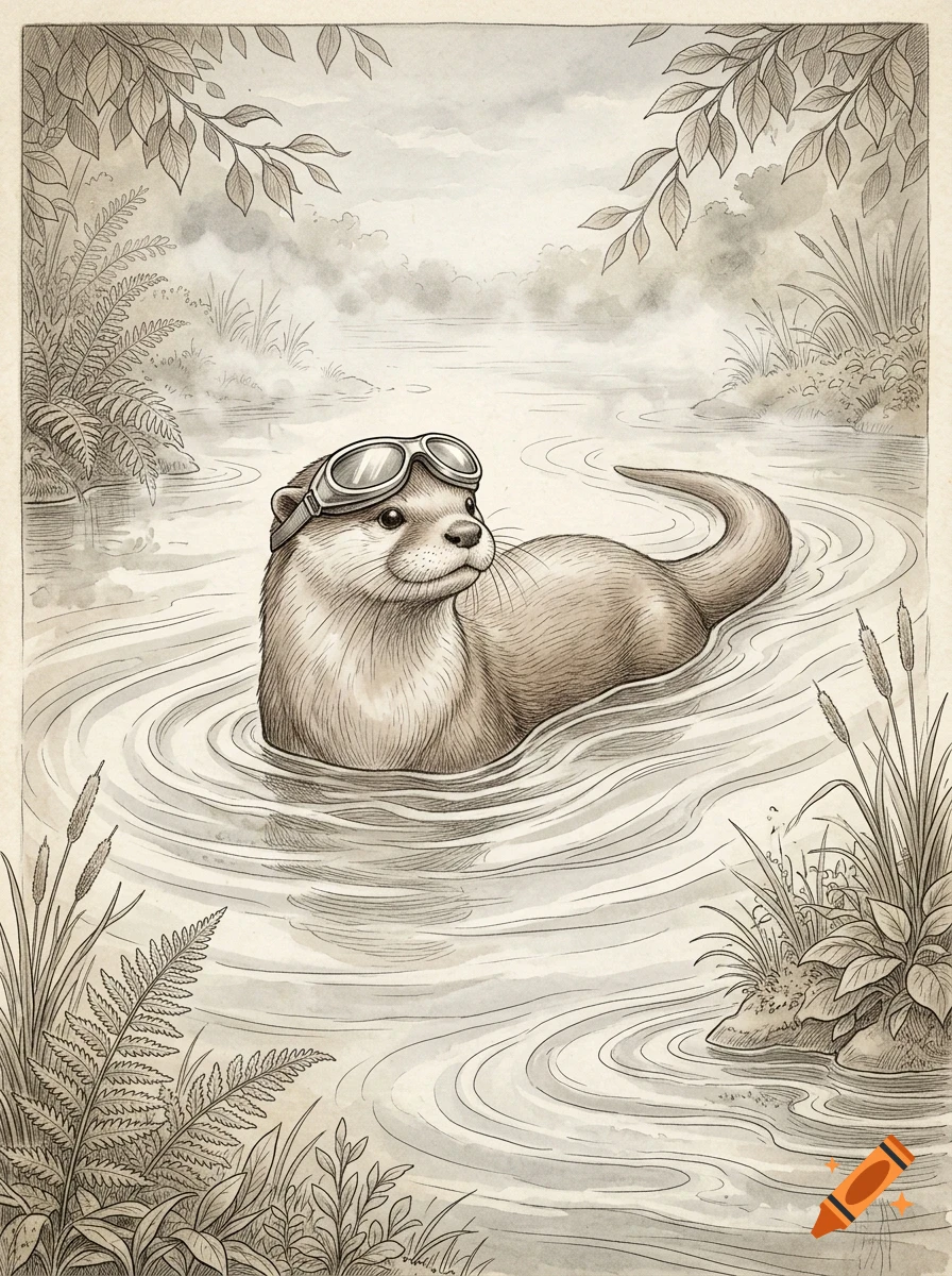 An illustration of an otter wearing aviator goggles swimming in a calm river surrounded by lush foliage.