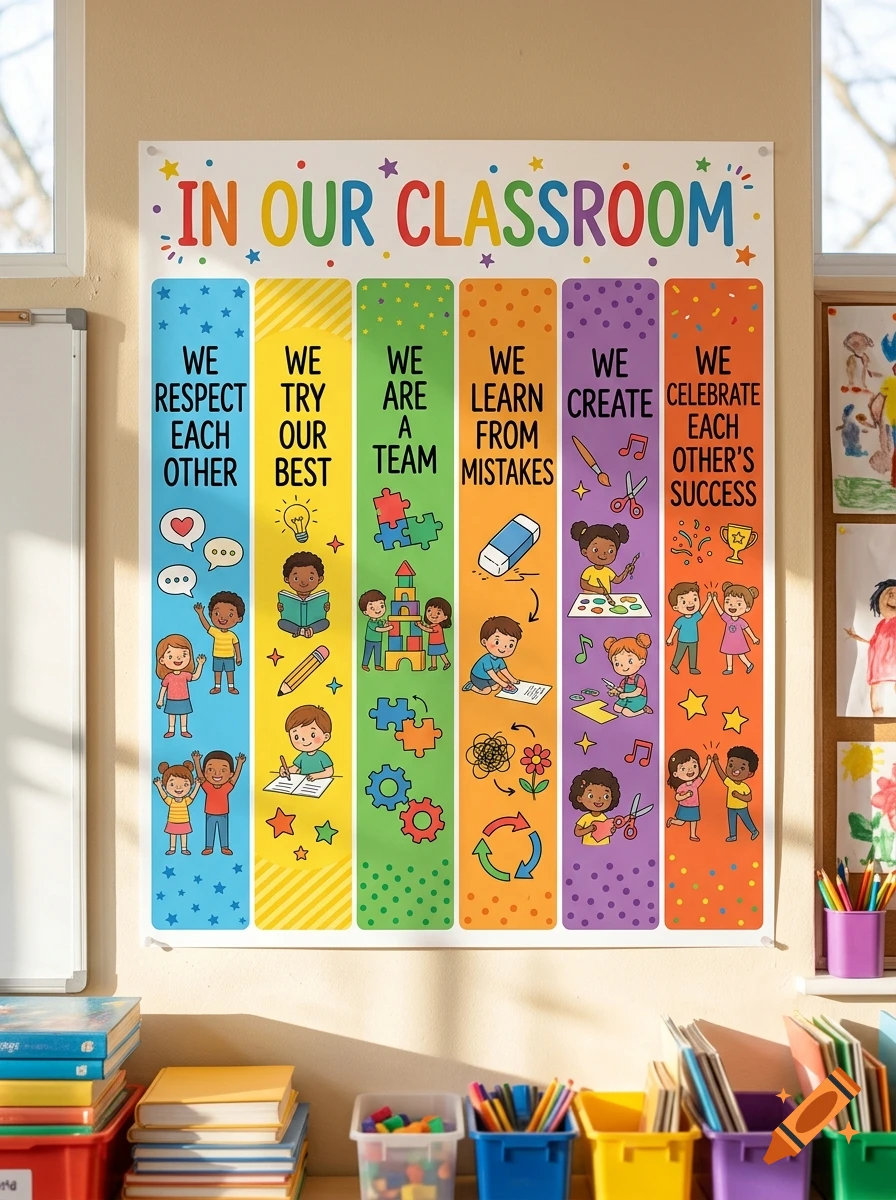 Colorful classroom rules poster hanging on a wall with children illustrations and text.