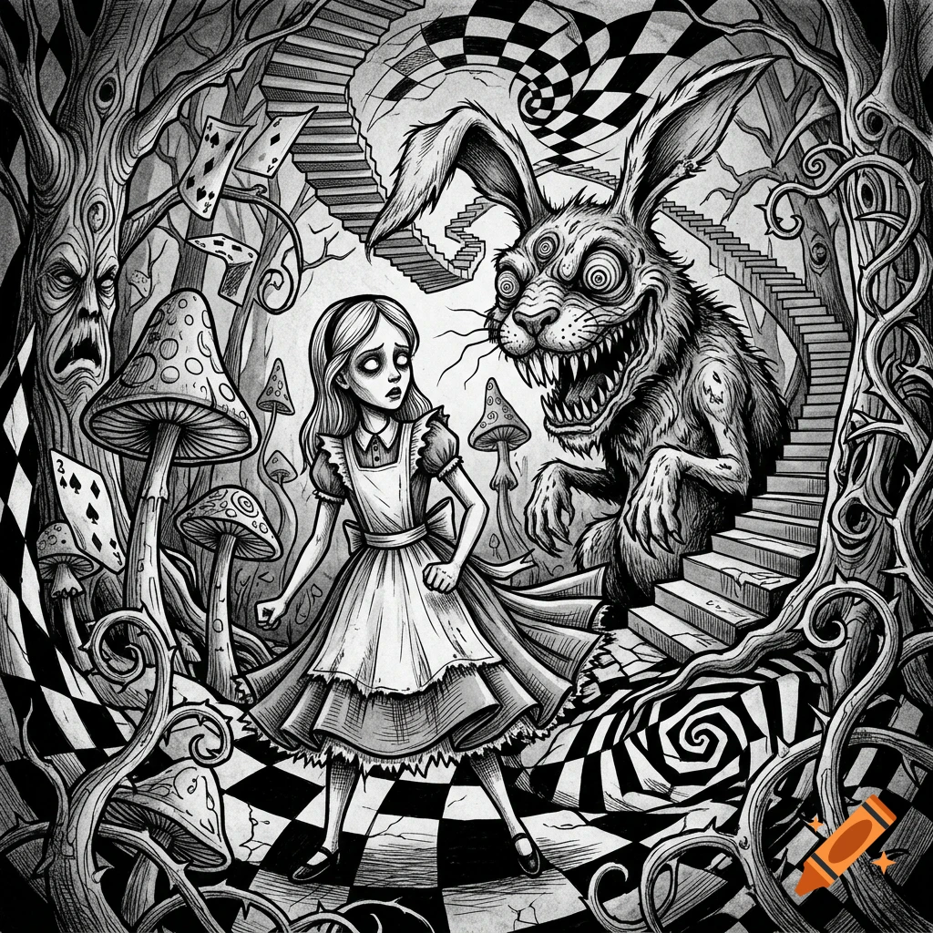 Surreal black and white illustration of Alice in Wonderland standing in a forest with a menacing, multi-eyed rabbit, floating playing cards, mushrooms, twisted trees, and a spiral staircase.