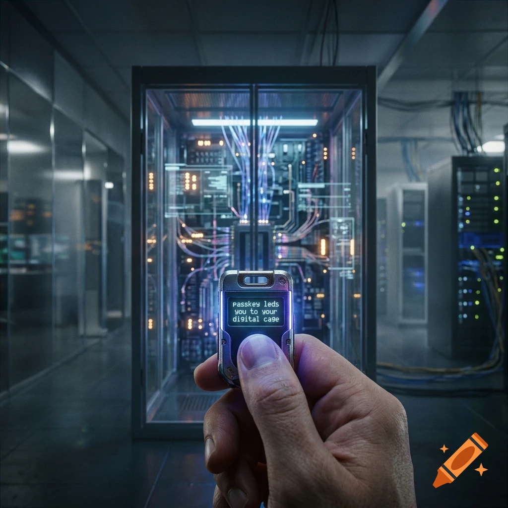 Close-up of a hand holding a small device with a glowing screen displaying text, in front of a server room rack, photorealistic.