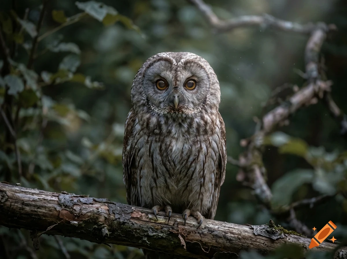 An owl perched on a mossy branch in a forest setting.