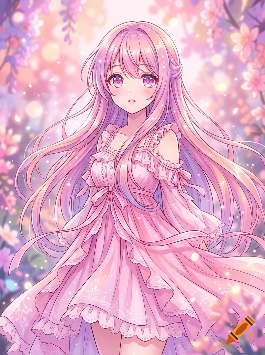 An anime-style portrait of a young girl with long pink hair and purple eyes, wearing a flowing pink frilly dress against a floral pink and white background.