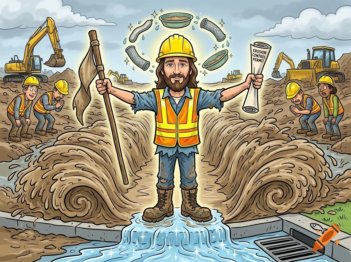 A cartoon illustration of a construction worker parting mud like water, surrounded by workers and heavy machinery.