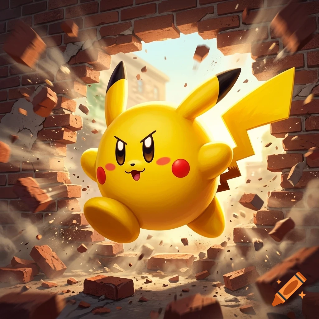A round, yellow cartoon character with long ears and a lightning bolt-shaped tail crashes through a brick wall, sending bricks and dust flying.