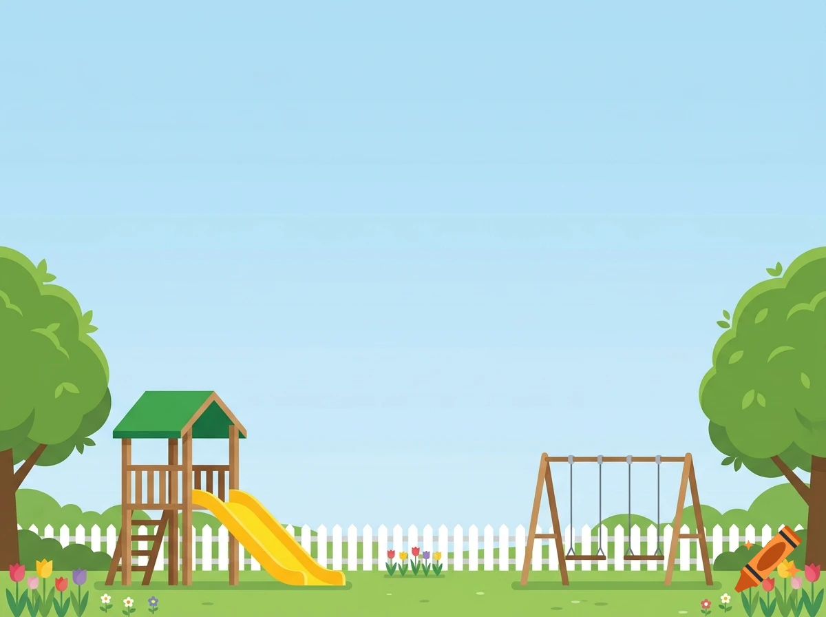 Vector illustration of a public playground with a wooden tower, yellow slide, swing set, and white picket fence under a blue sky.