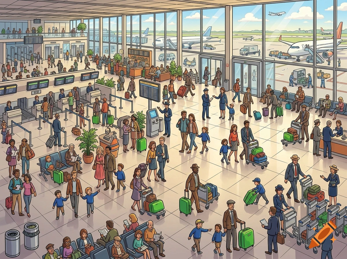 Detailed cartoon illustration of a busy airport terminal with travelers, luggage, and airplanes visible through large windows.