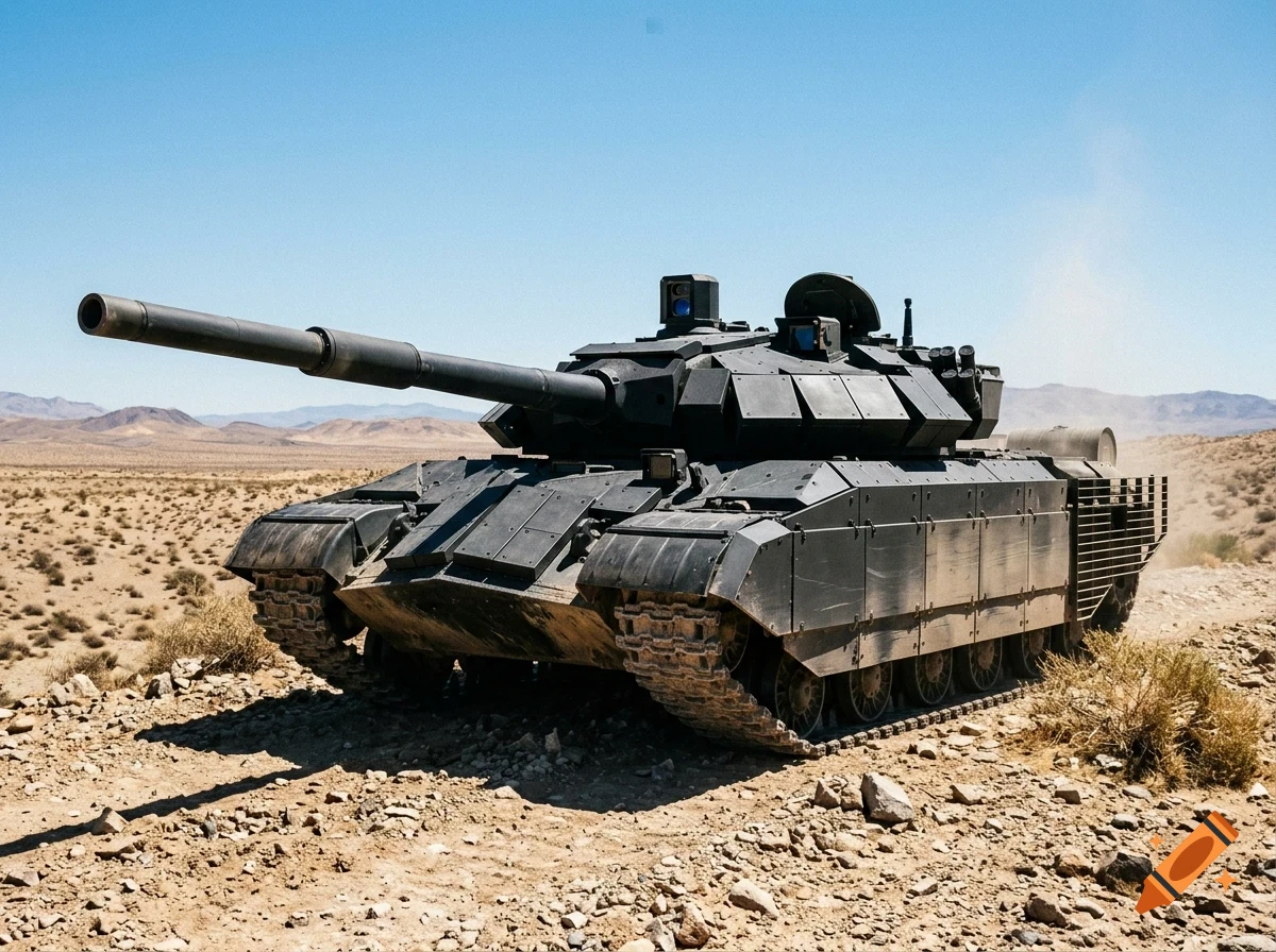 A dark military battle tank driving on a dry, rocky desert landscape under a clear blue sky.