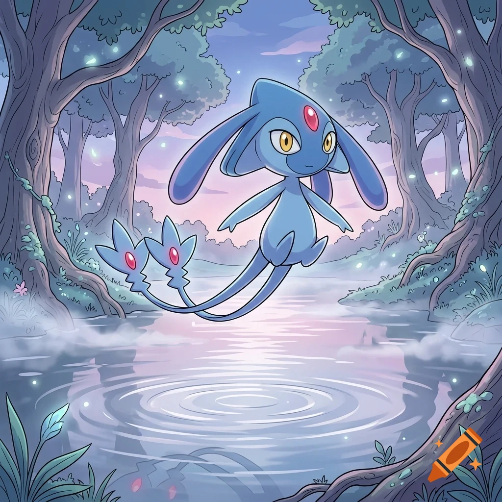 An illustrated blue creature with long ears and red gems hovers above a misty forest river.