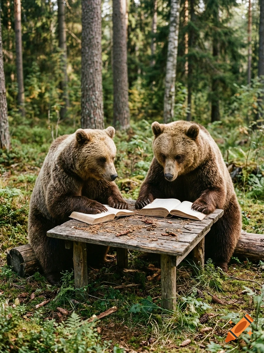 Two brown bears sitting at a rustic wooden table in a forest, each reading an open book.