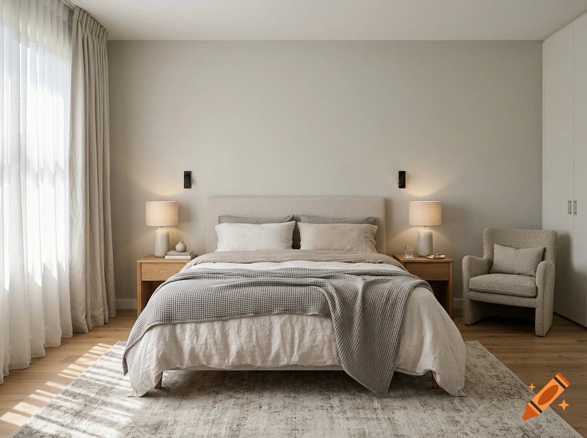 Photorealistic modern minimalist bedroom with a neutral color palette, wooden flooring, and a large window with sheer curtains.