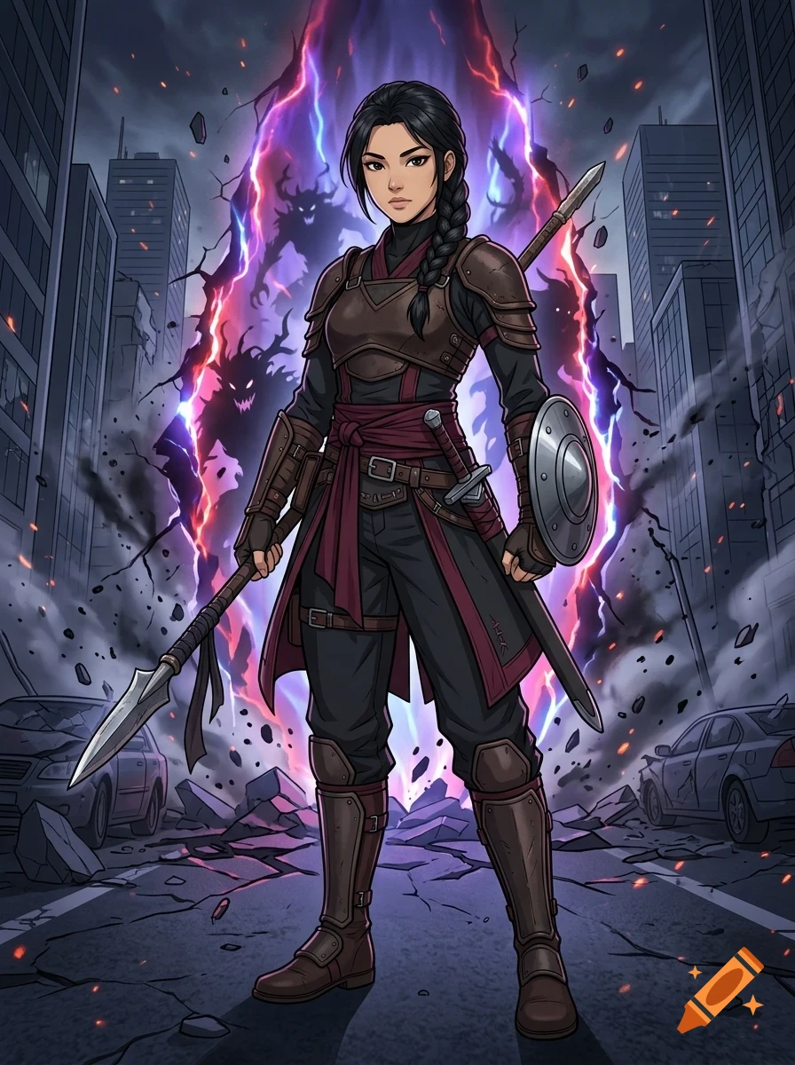 A female warrior in leather armor holding a spear and shield, standing in a ruined city street in front of a glowing magical portal.