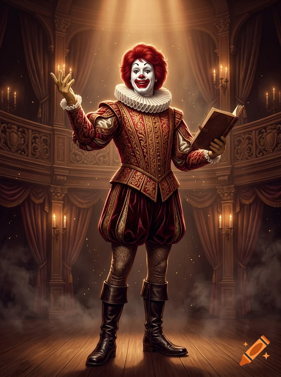 A person dressed as a clown in historic red and gold theatrical costume holding a book on a stage.