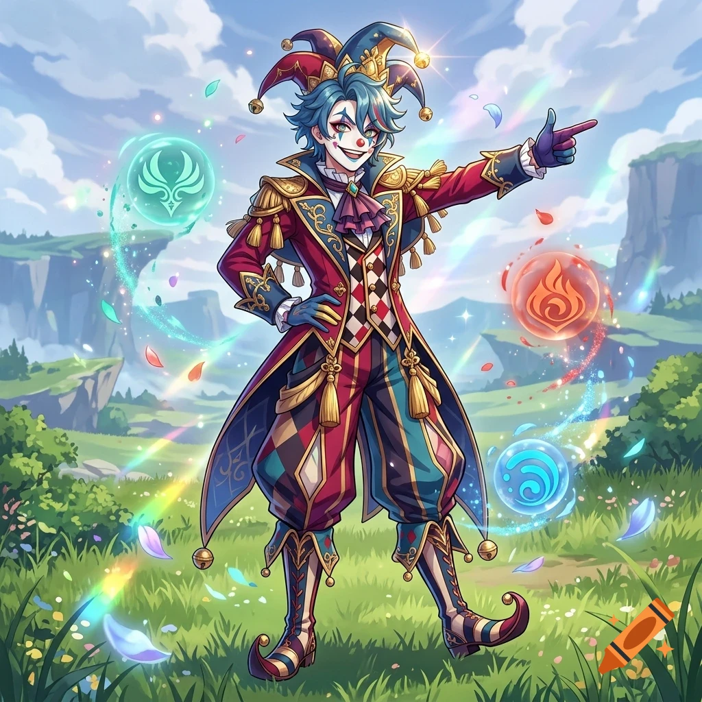 An anime-style jester character stands in a grassy landscape, pointing forward with magical elemental orbs floating around them.