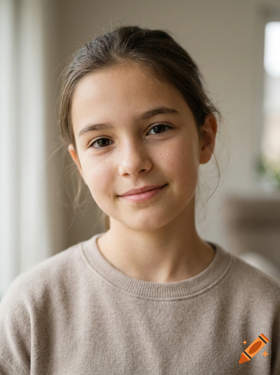 Photorealistic portrait of a young girl with brown hair smiling gently, wearing a beige sweatshirt.