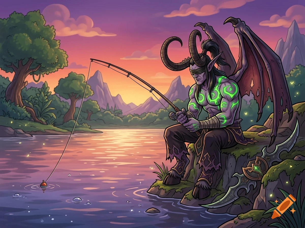A horned elf-like fantasy character with wings and glowing tattoos sits by a calm lake at sunset, peacefully fishing with a rod.