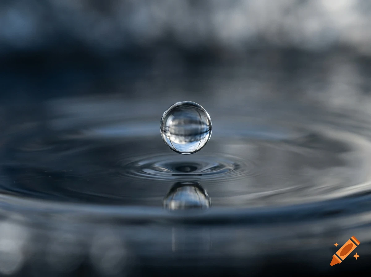 Close-up of a spherical water droplet suspended just above the rippling surface of water, reflecting its surroundings.