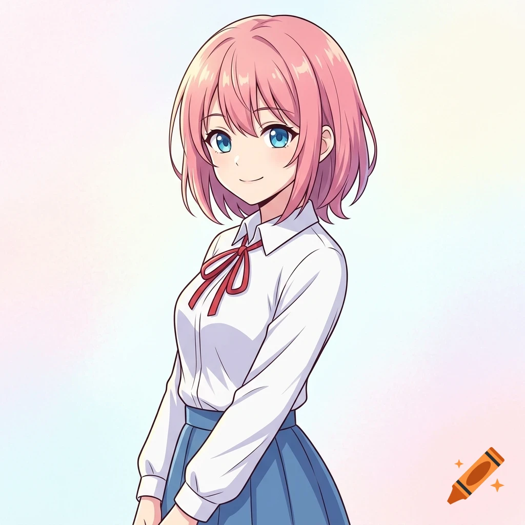 An anime-style portrait of a young person with short pink hair and blue eyes, wearing a white shirt and blue skirt.