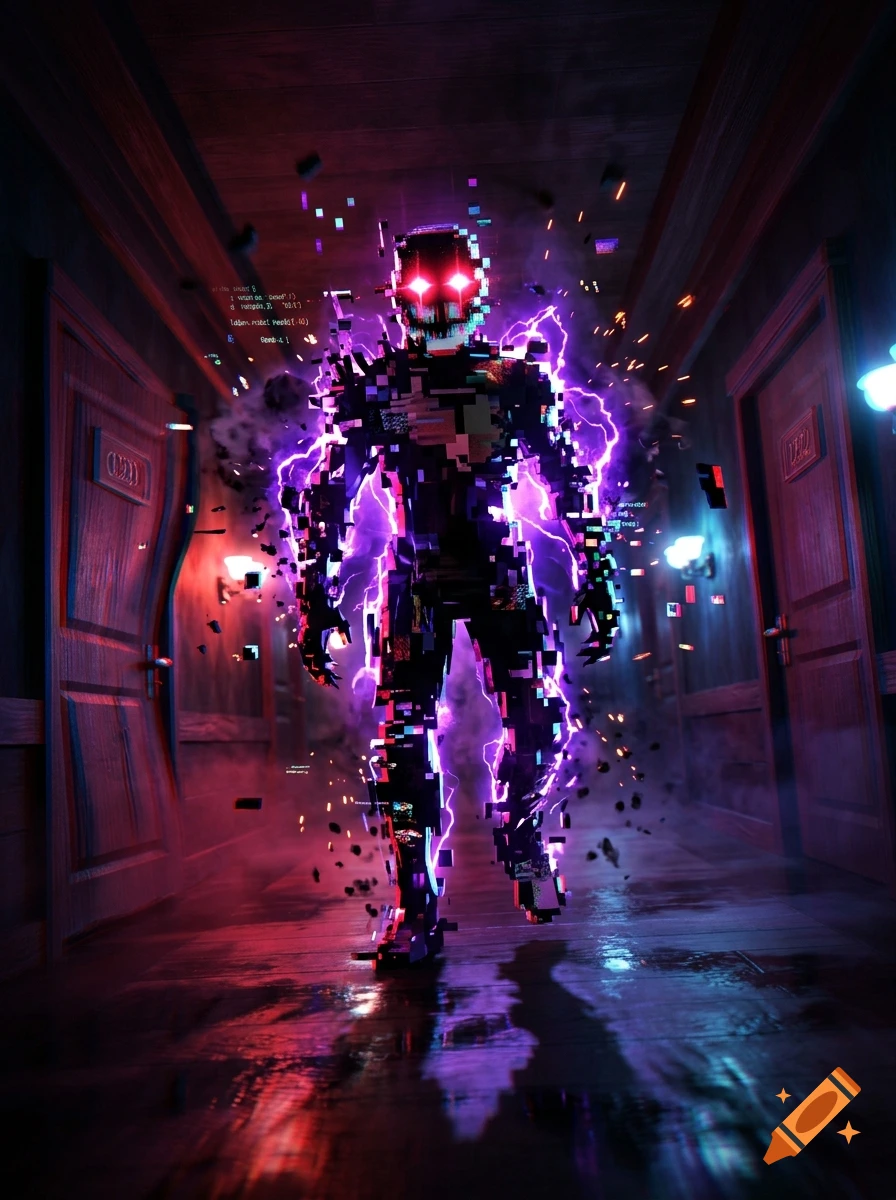 A glowing, pixelated robotic figure with bright red eyes and purple lightning effects stands in a dark indoor hallway.
