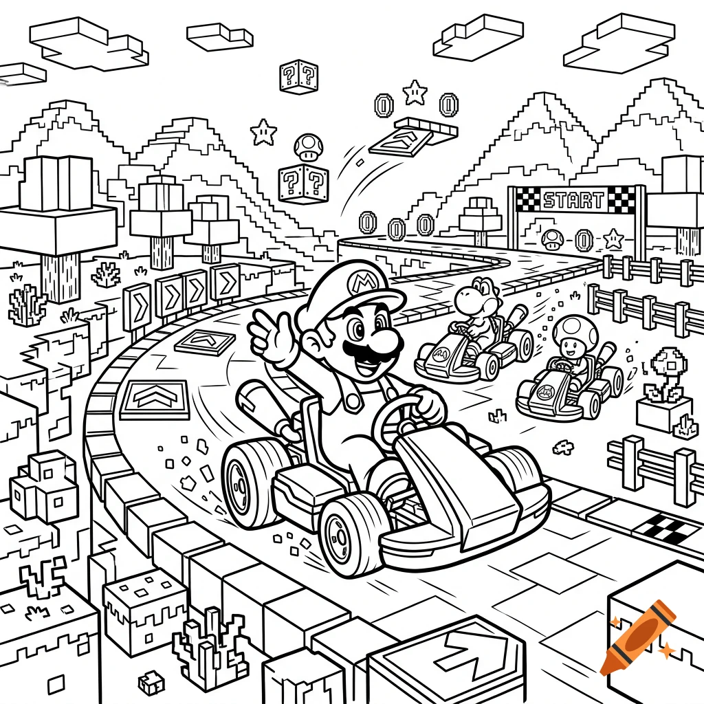 Black and white coloring page featuring Mario, Yoshi, and Toad driving go-karts on a race track with blocky pixel-style scenery in the background.