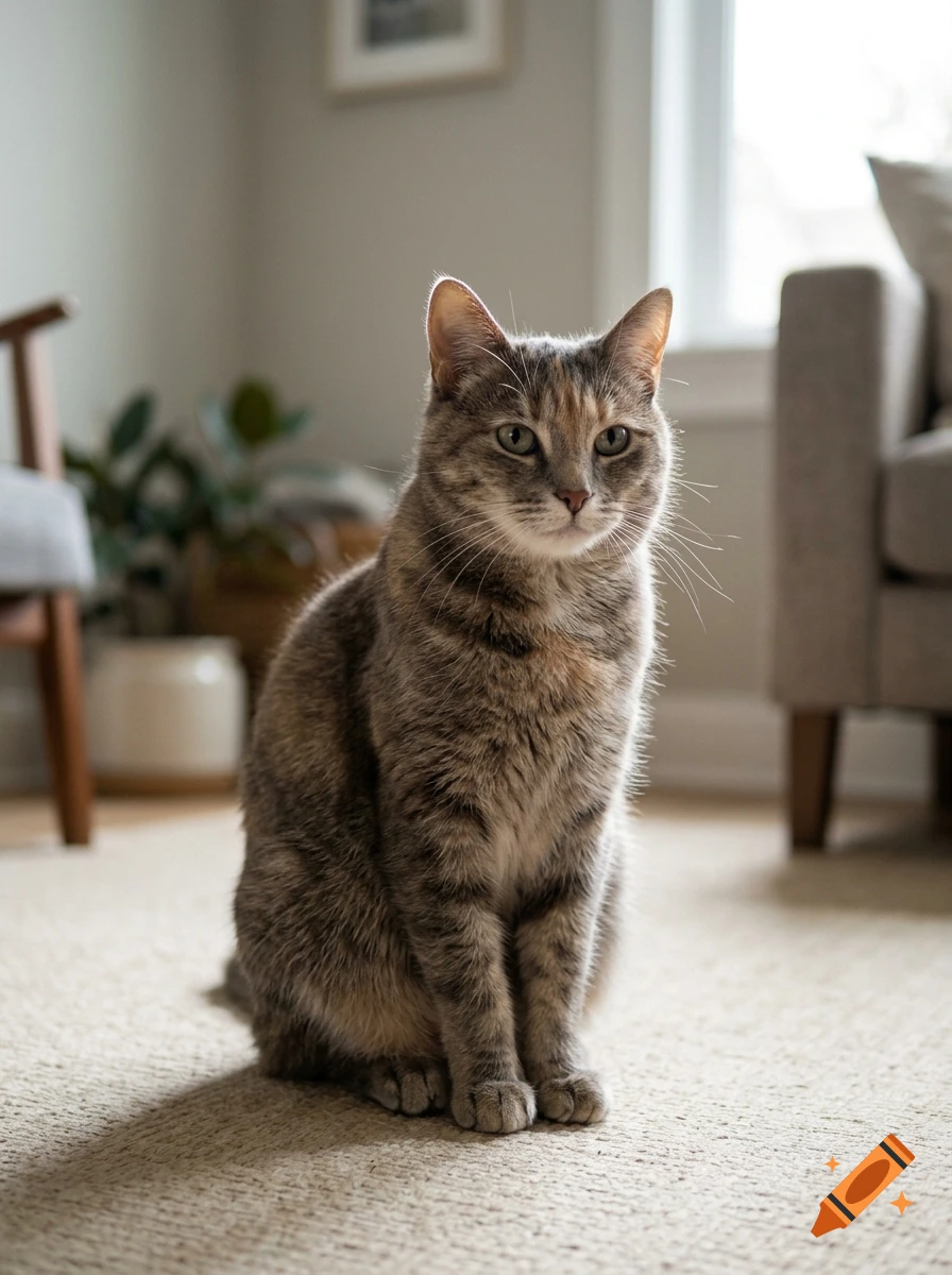 A photorealistic tabby cat sitting on a beige carpeted floor in a brightly lit living room.