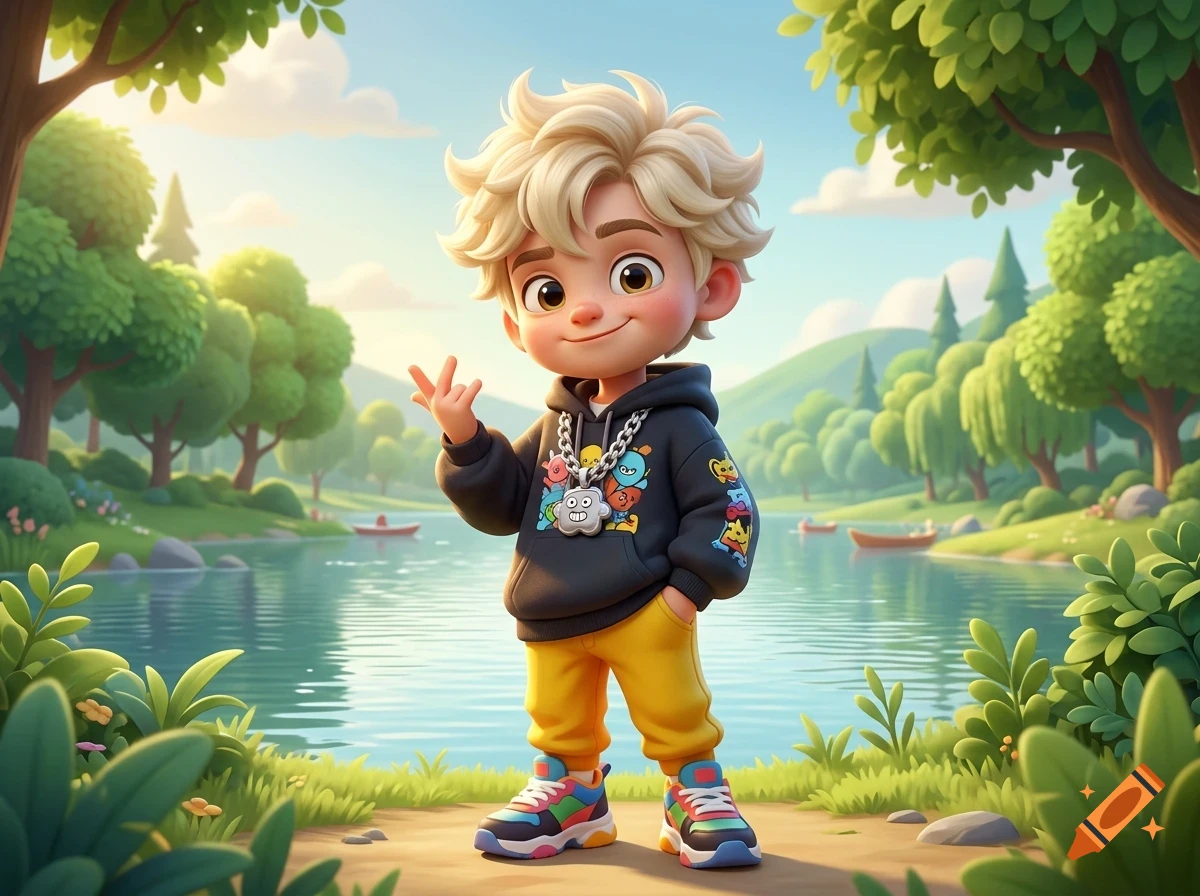 A stylized 3D character of a young boy with blonde hair standing by a lake with trees in the background.