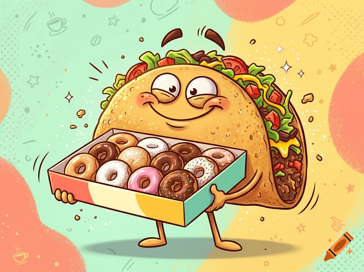 A friendly animated taco with a smiley face holding a box of assorted donuts, illustrated in a colorful cartoon style.