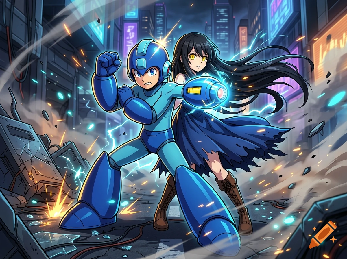 Anime style illustration of Mega Man standing defensively in a destroyed city street alongside a long-haired girl in a blue dress.