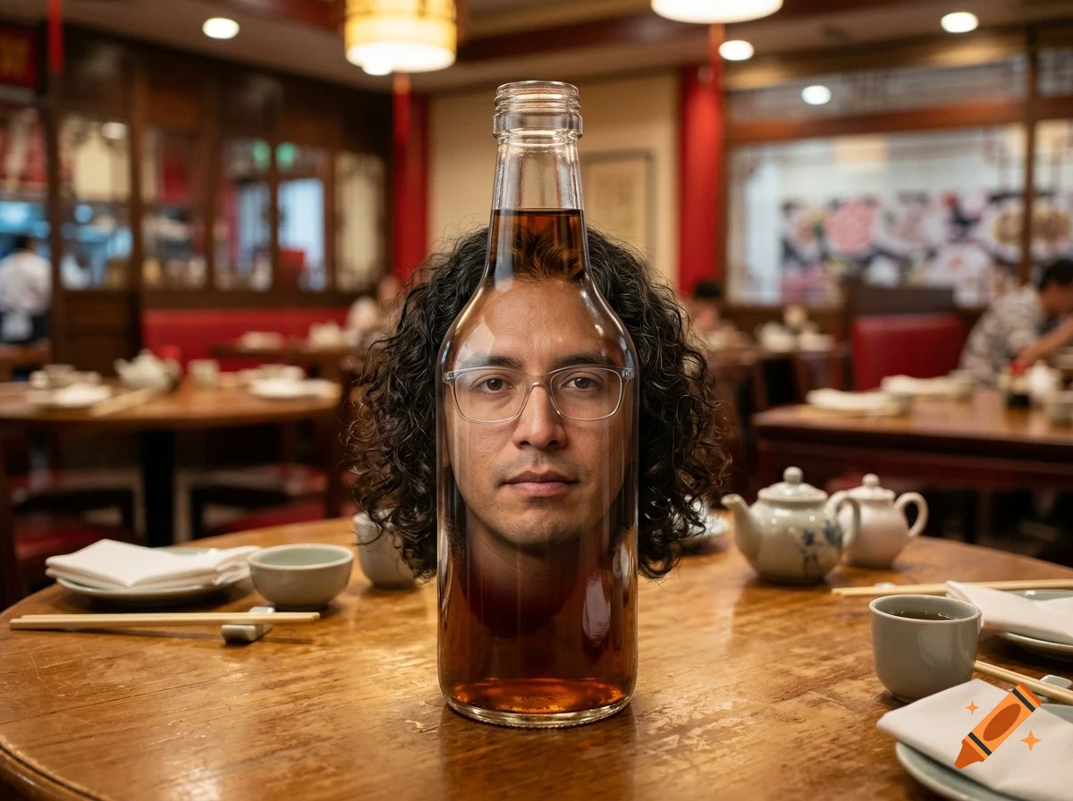 A surreal photograph of a person's head seamlessly placed inside a glass bottle filled with a brown liquid, sitting on a wooden table in a restaurant setting.