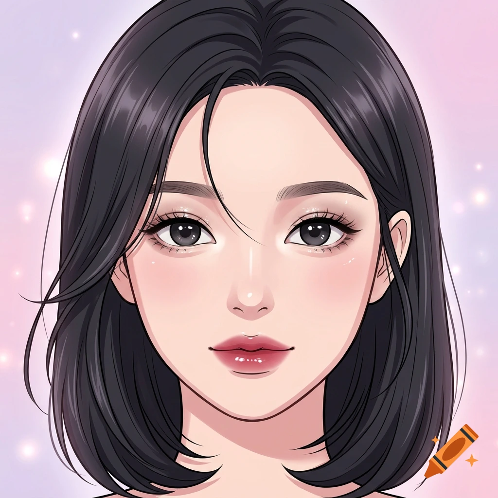 Digital illustration portrait of a woman with shoulder-length black hair and detailed makeup against a soft pink and purple background.