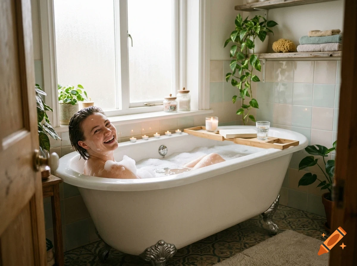 A smiling woman relaxes in a bubble bath in a bright, plant-filled bathroom.