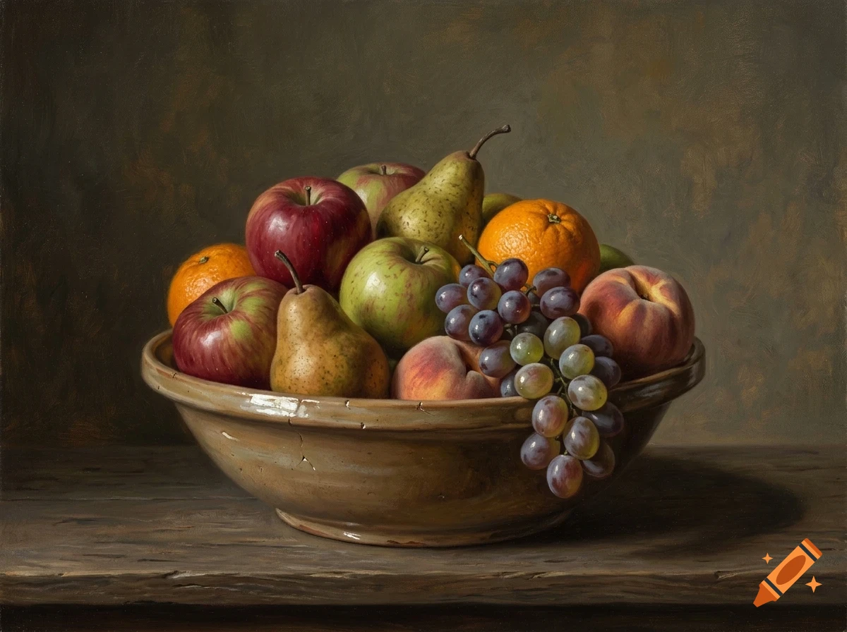 An oil painting of a large earthenware bowl filled with a variety of fresh fruits, including apples, pears, oranges, peaches, and a bunch of grapes, resting on a wooden table.