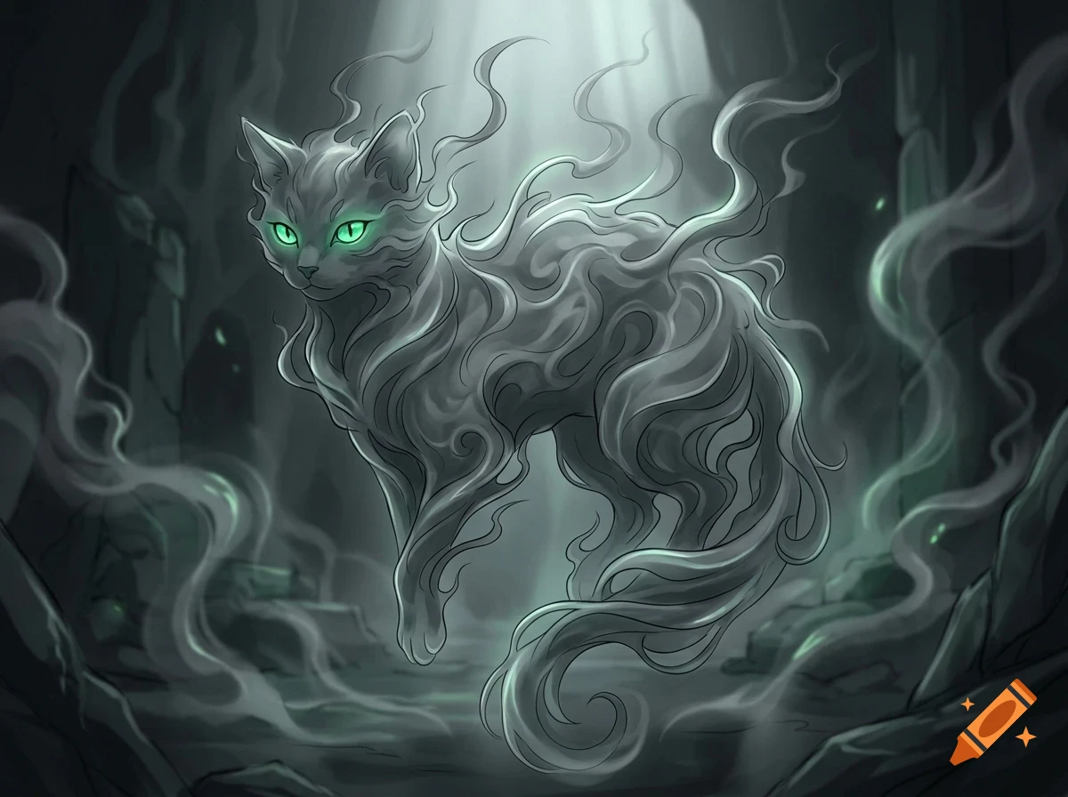 An ethereal, ghost-like cat with glowing green eyes and wispy, smoky fur floats in a dark cave setting.