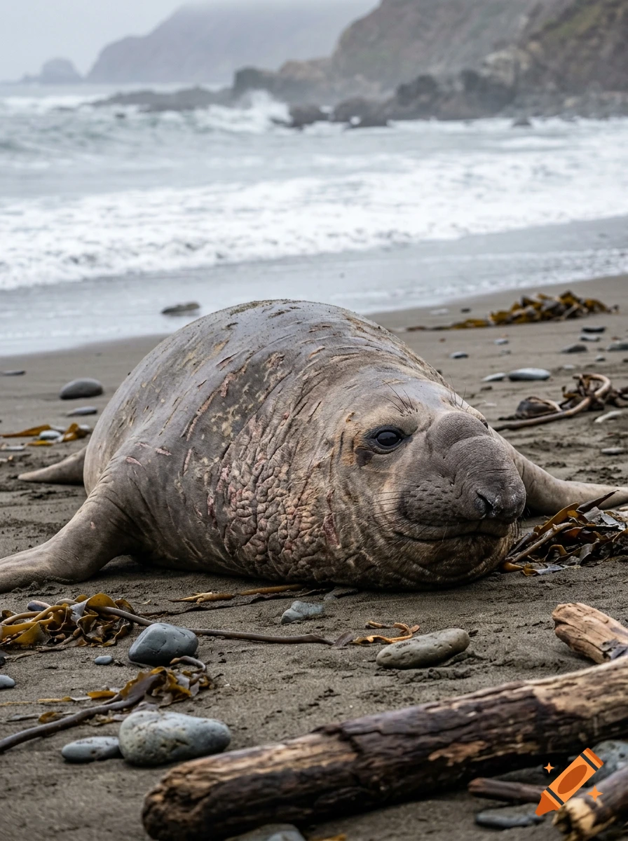 Photorealistic image of a large elephant seal resting on a sandy beach with crashing waves in the background.