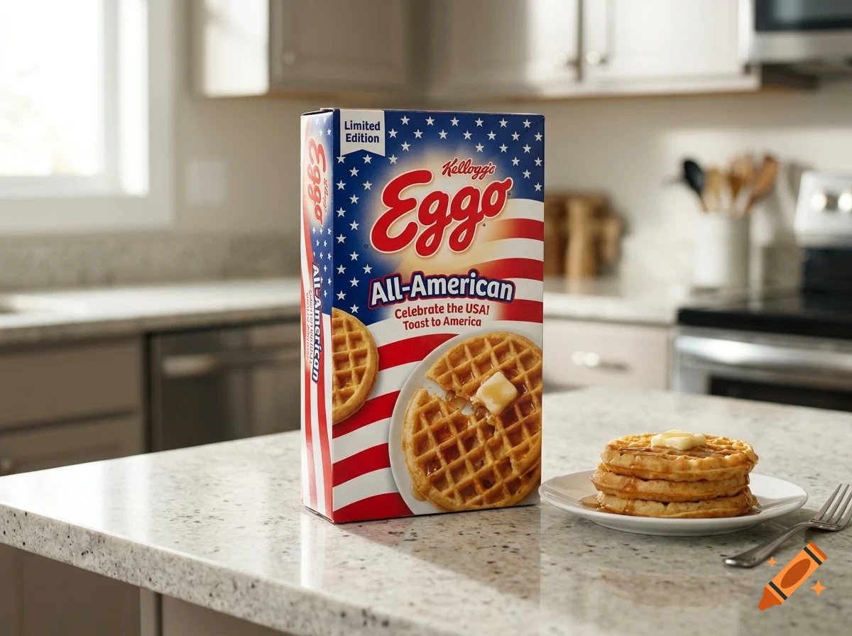 An Eggo All-American limited edition waffle box on a kitchen counter next to a plate of waffles with butter and syrup.
