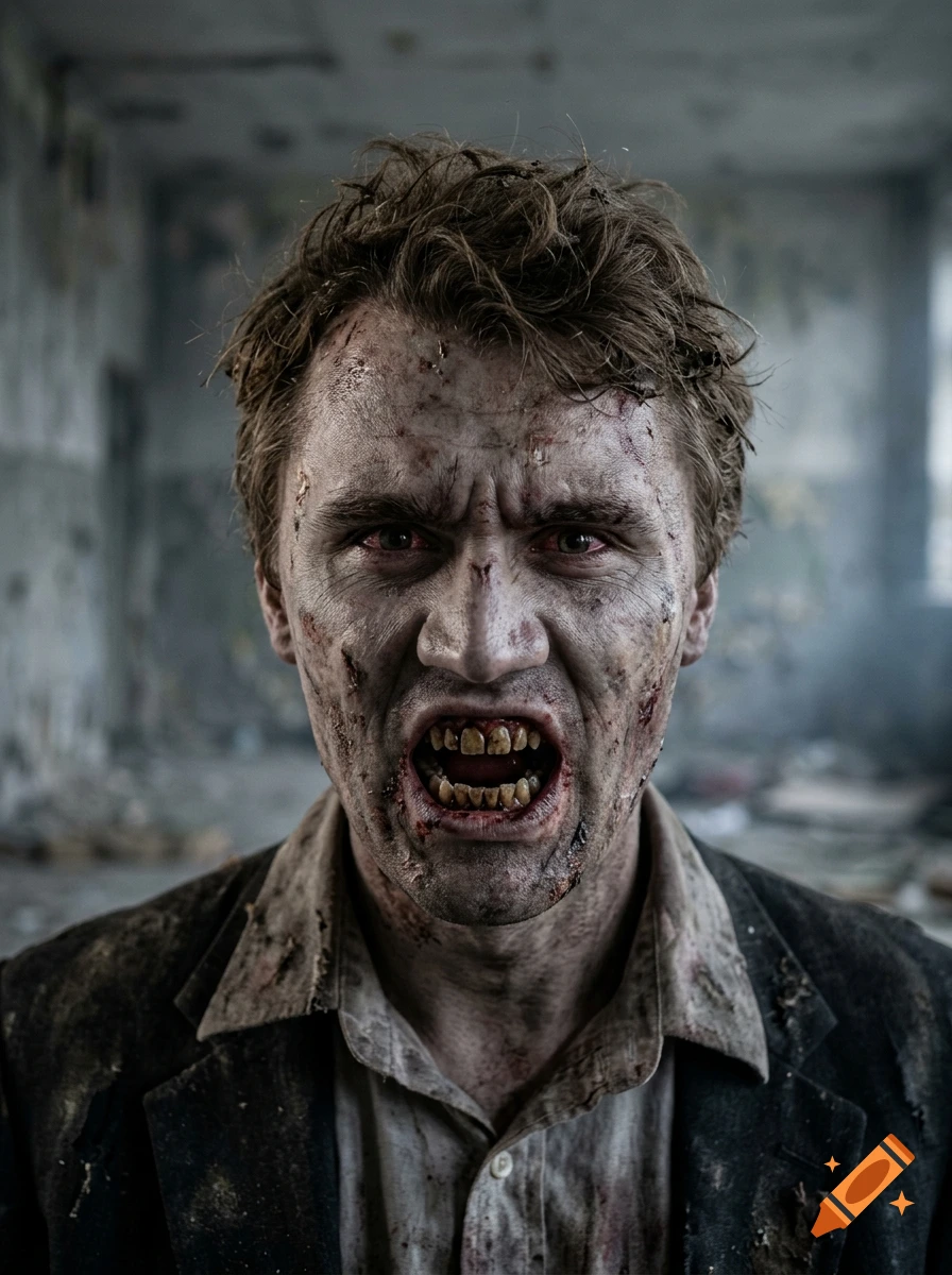 Photorealistic close-up of an angry, blood-stained zombie with open mouth and exposed teeth in a ruined room.