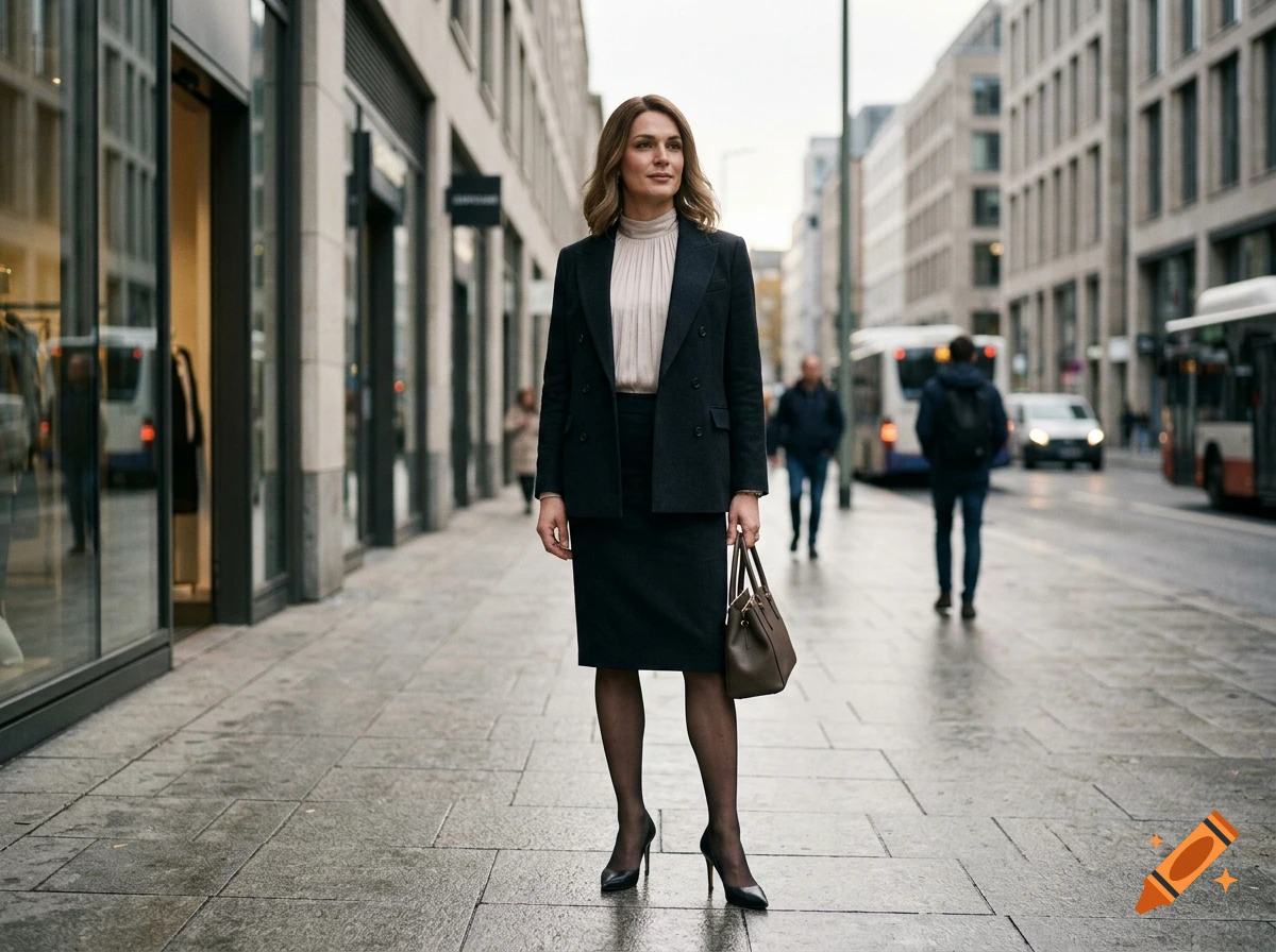 Photorealistic image of a woman in a dark business suit and high heels standing on a city sidewalk.