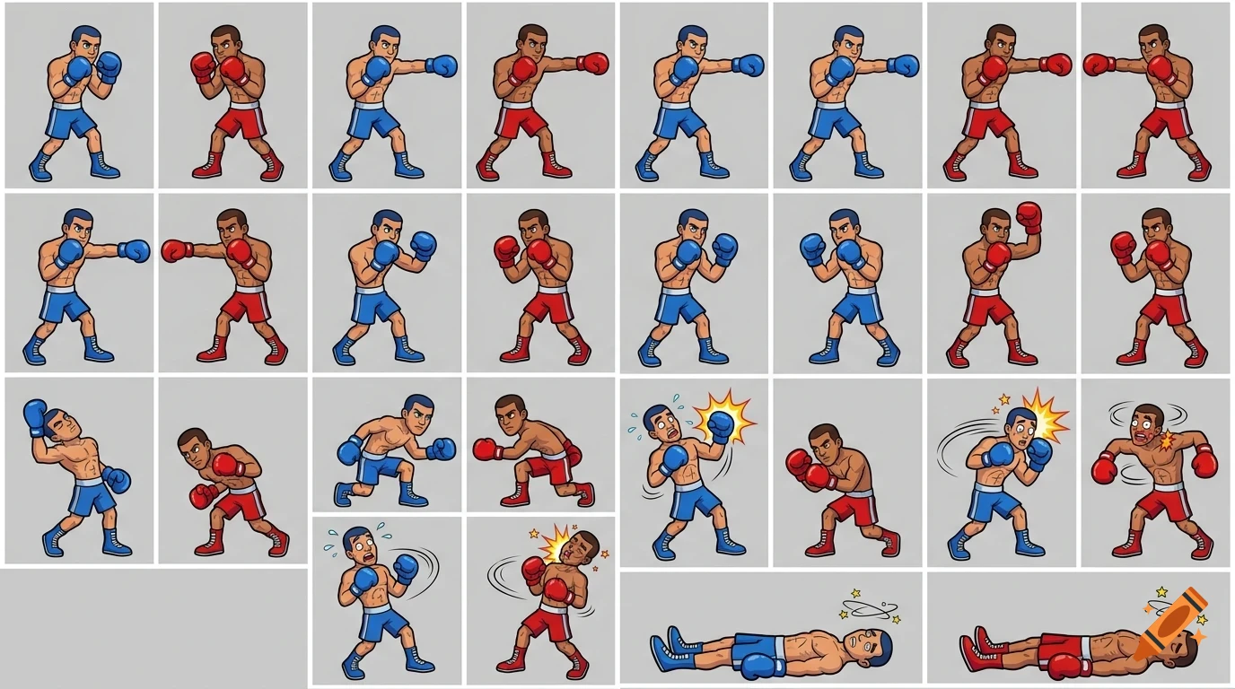 A sprite sheet showing a cartoon boxer character in various action poses, including punching, getting hit, and being knocked out.