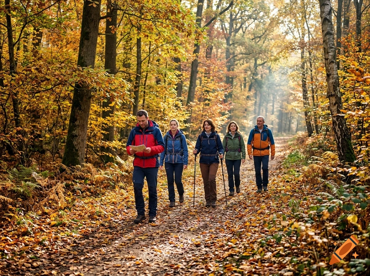 A group of five hikers walking along a trail through a dense autumn forest with golden leaves on the trees and ground.
