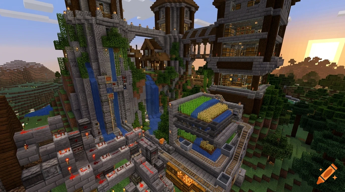 A digital screenshot of an elaborate fantasy base built in a video game, featuring stone towers, multi-story buildings, waterfalls, and automated farming areas.