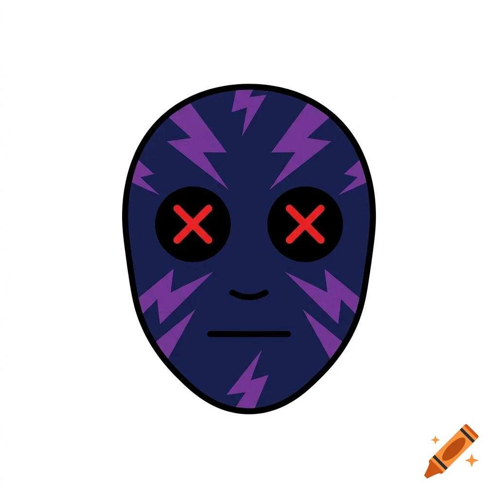 An oval-shaped blue mask decorated with purple lightning bolts and round black eyes containing red crosses, set against a plain white background.