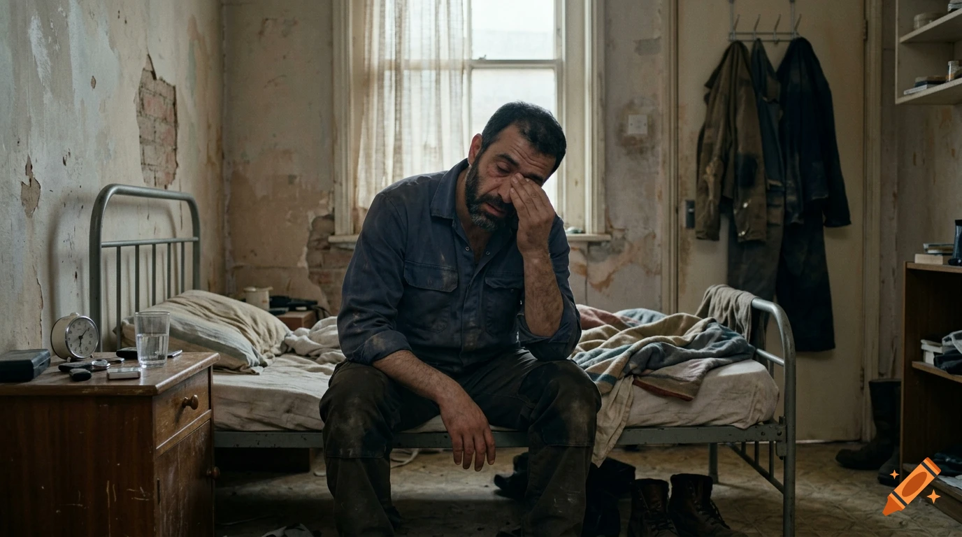Photorealistic cinematic shot of a tired middle-aged man waking up in a poor, messy bedroom.