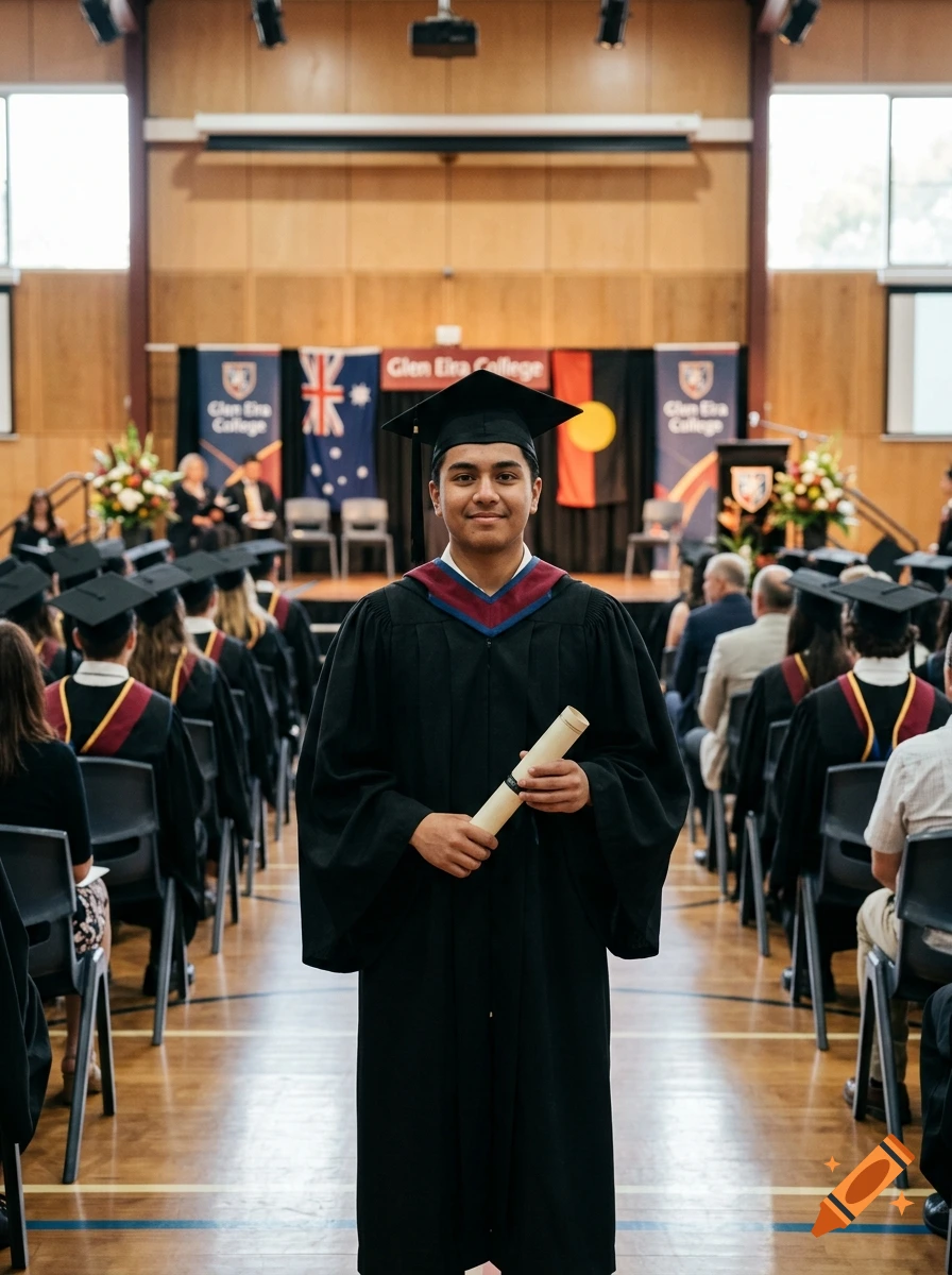 A young male student in graduation gown and cap holding a diploma inside a school hall, photorealistic.