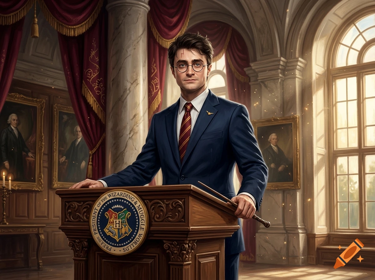 Digital painting of Harry Potter standing behind a wooden presidential podium in a grand hall with red curtains.