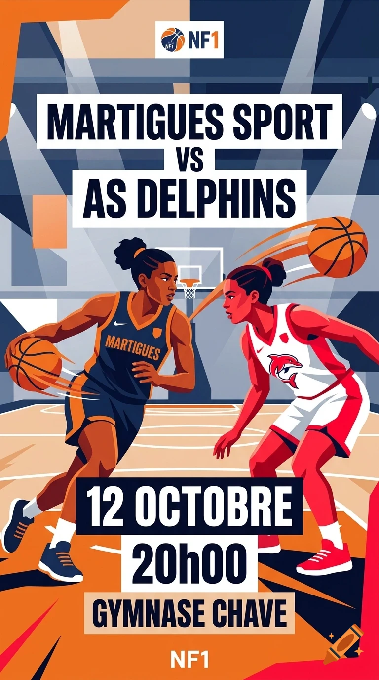 A poster announcing a basketball match between Martigues Sport and AS Delphins on October 12 at 20h00 at Gymnase Chave, featuring two female basketball players in action.