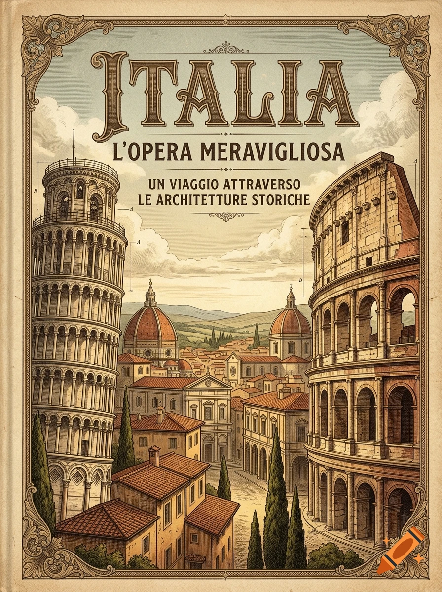 Vintage poster depicting famous Italian landmarks including the Leaning Tower of Pisa and the Colosseum in an ornate frame.